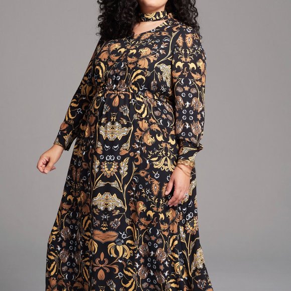 Girl With Curves Dresses & Skirts - Girl With Curves Black Floral Maxi Dress Ascot Tie